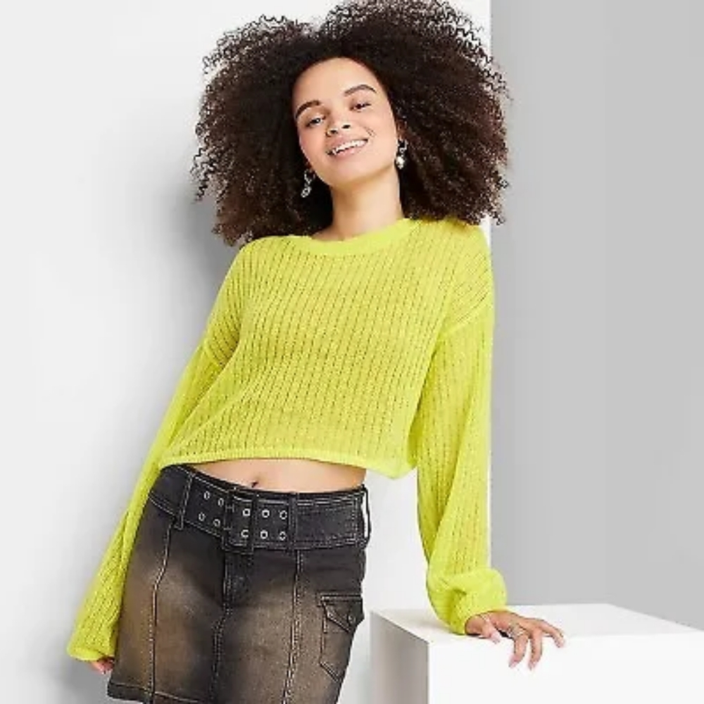 Women's Crewneck Open Knit Cropped Pullover - Wild Fable Lime Green